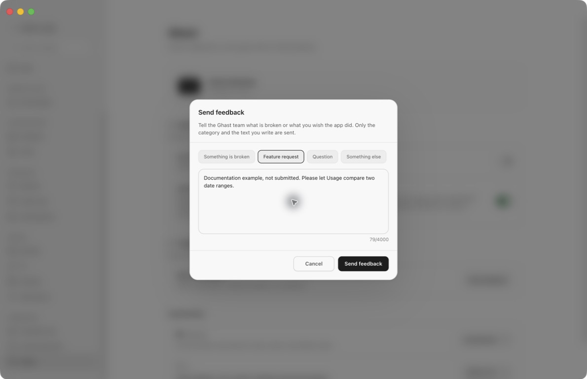 Real feedback dialog with Feature request selected and an explicitly unsubmitted documentation example