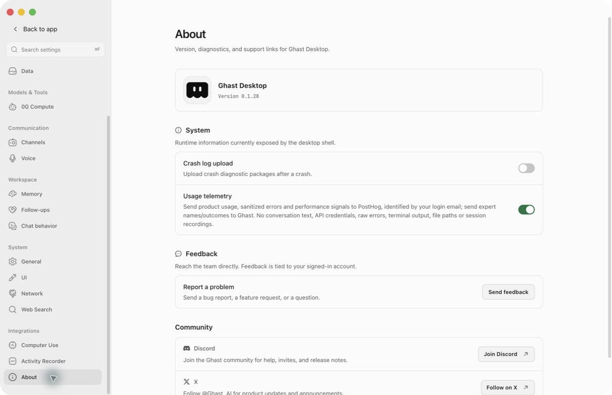 Real Ghast About page with installed version and separate crash upload and usage telemetry switches