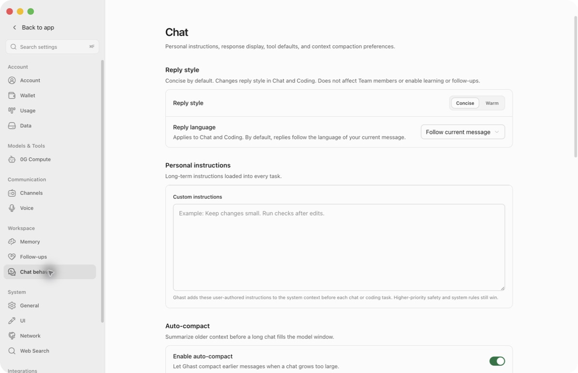 Real Ghast Chat behavior page with Concise and Warm reply styles, reply language, and empty personal instructions