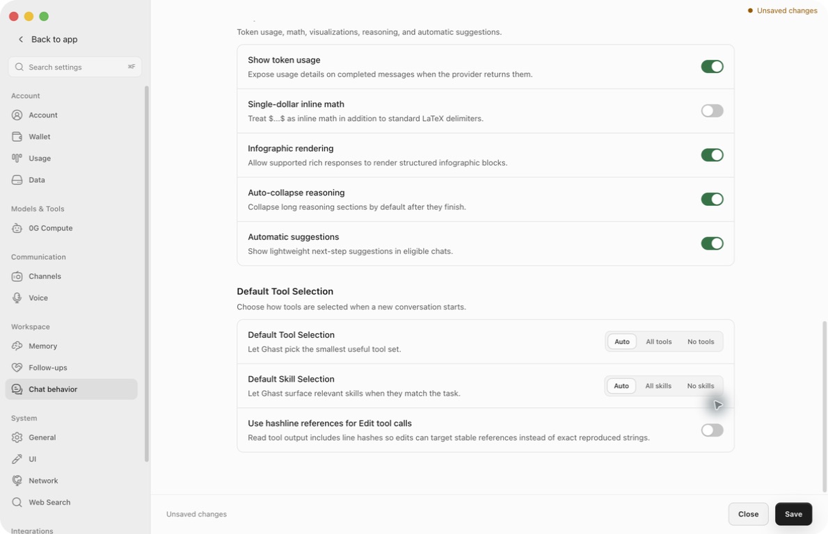Real Tool and Skill default selectors with Auto, All, None choices and hashline references switch