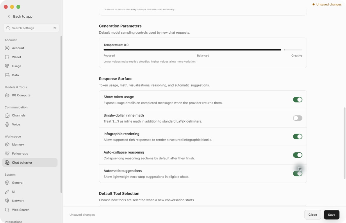 Real response display controls for token usage, inline math, infographics, reasoning, and automatic suggestions