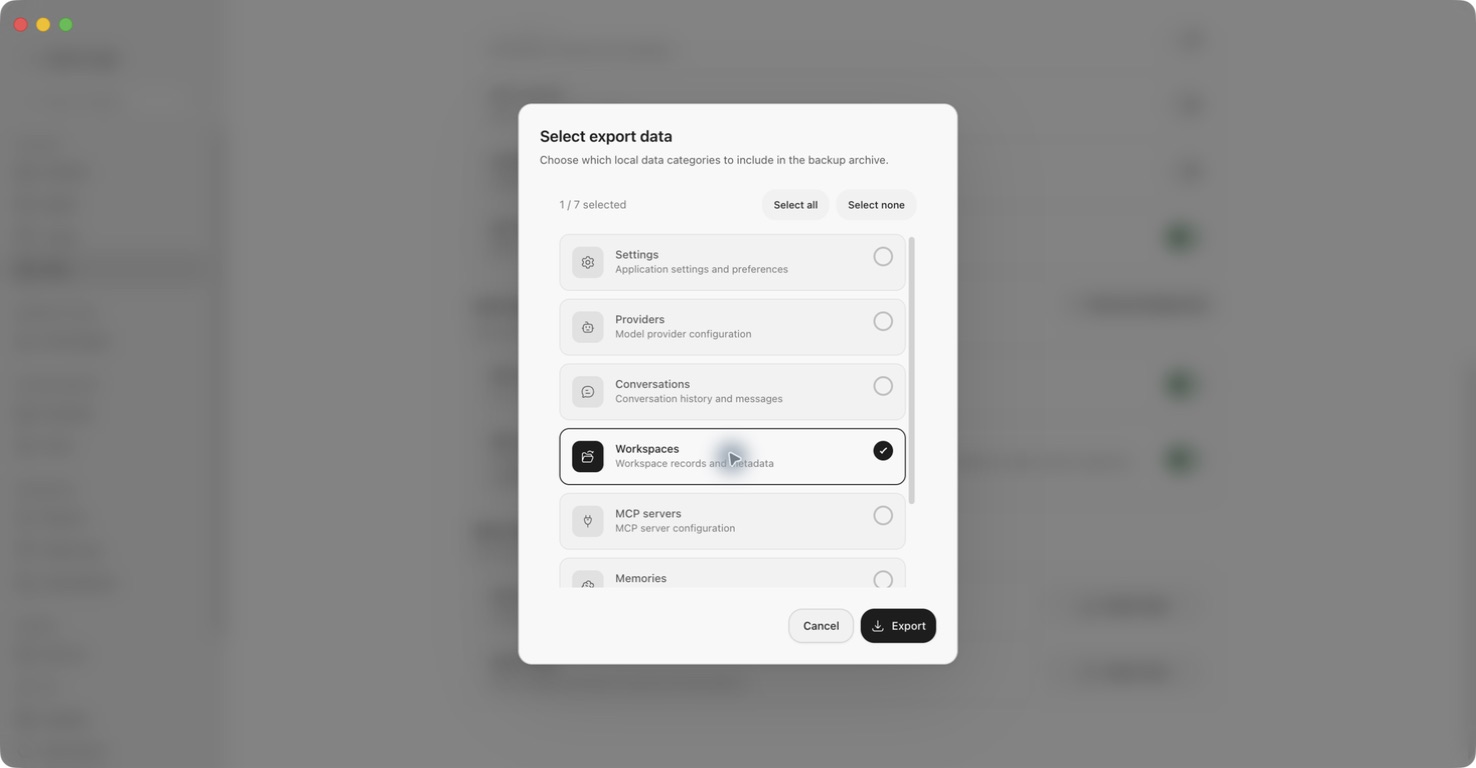 Select export data with only Workspaces selected and Export enabled