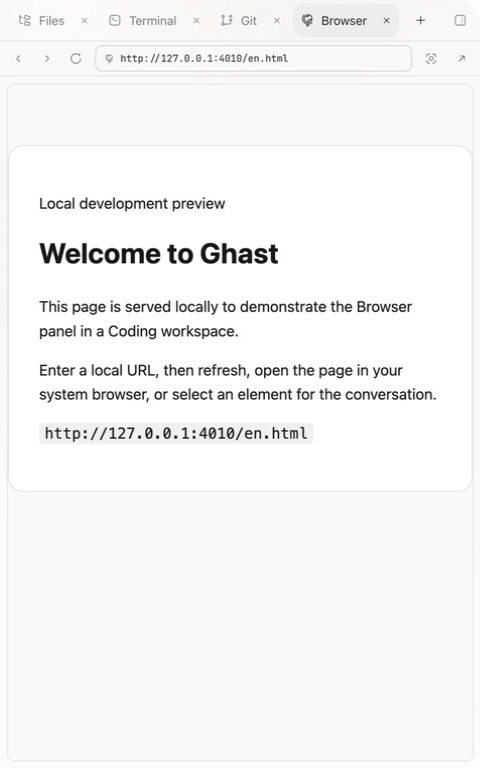 The Browser panel beside a Ghast Coding conversation
