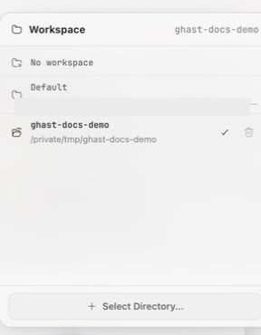 The workspace selector in the Ghast Coding composer