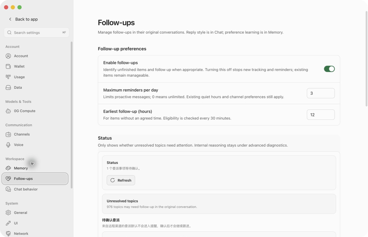 Real Ghast Follow-ups settings with the enable switch, three reminders per day, twelve-hour earliest delay, and status