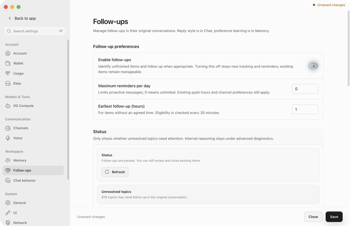 Unsaved Follow-ups draft with the master switch off, daily limit zero, earliest delay one hour, and Save and Close buttons