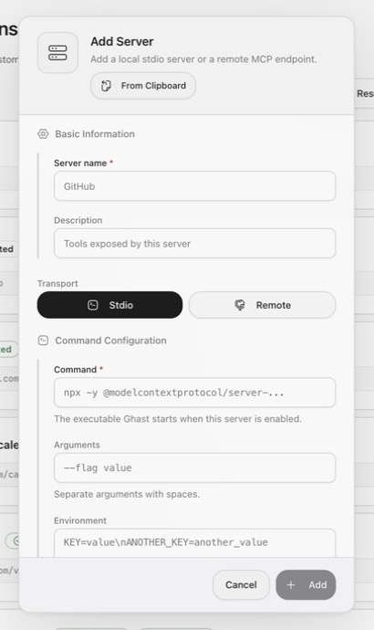 The Stdio form and Remote tab in Ghast Add MCP Server