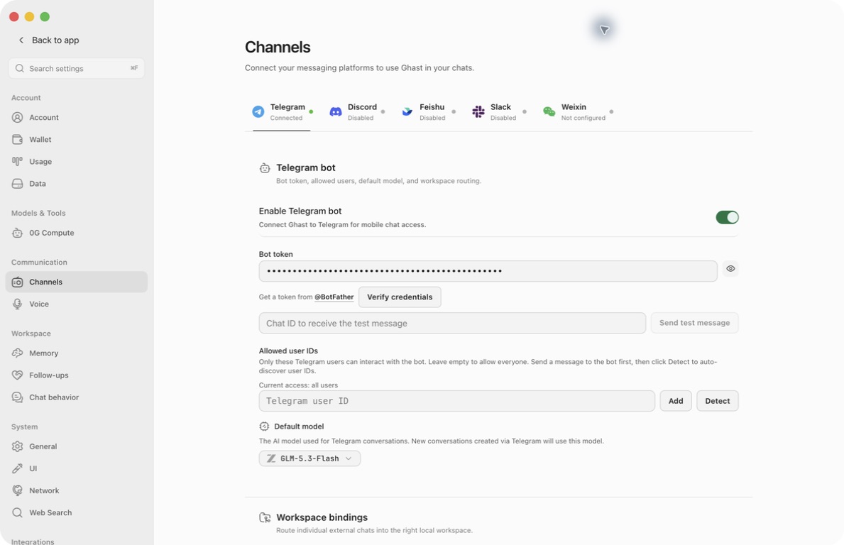 Telegram, Discord, Feishu, Slack, and Weixin in Ghast Channel settings
