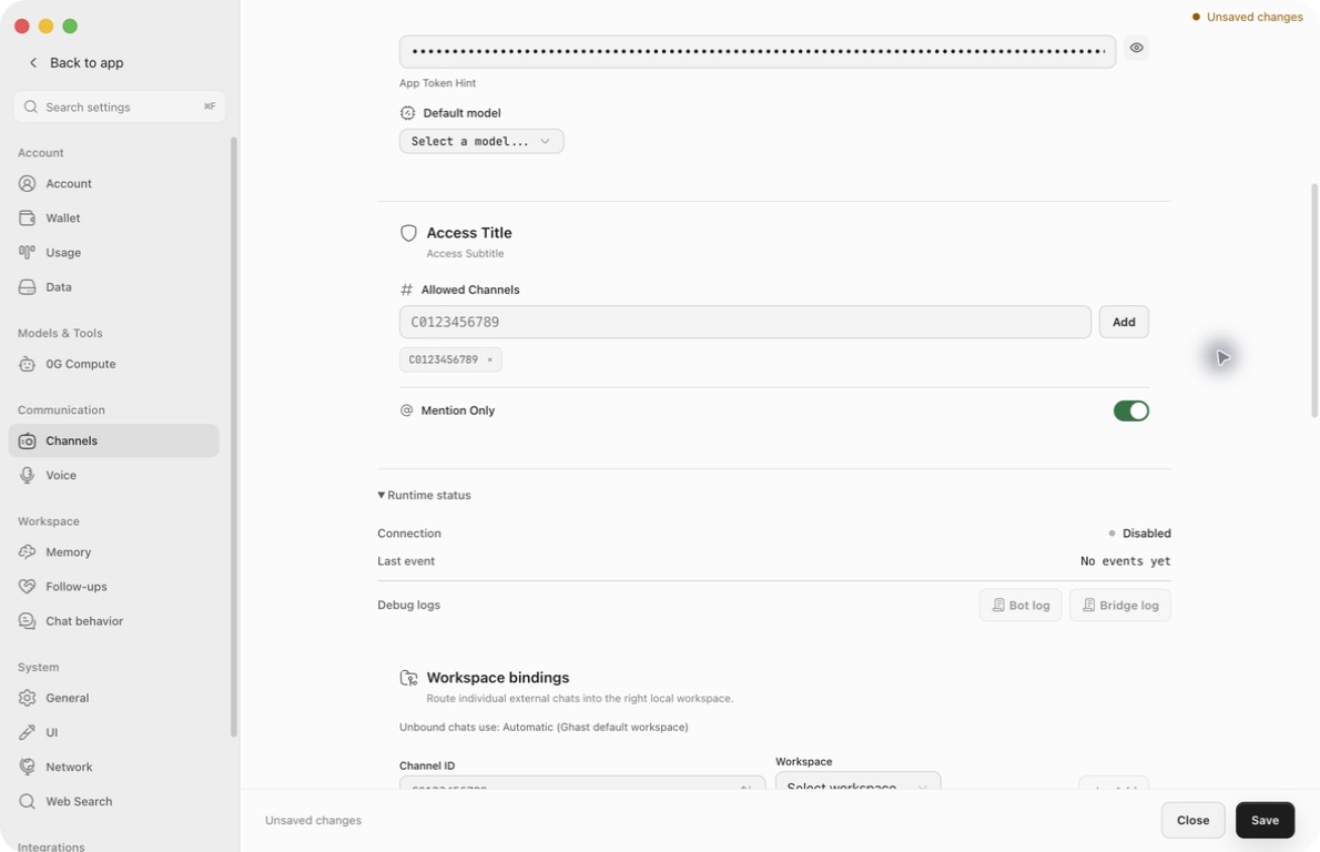 Real Slack access controls with an example channel chip, Mention Only on and disabled runtime