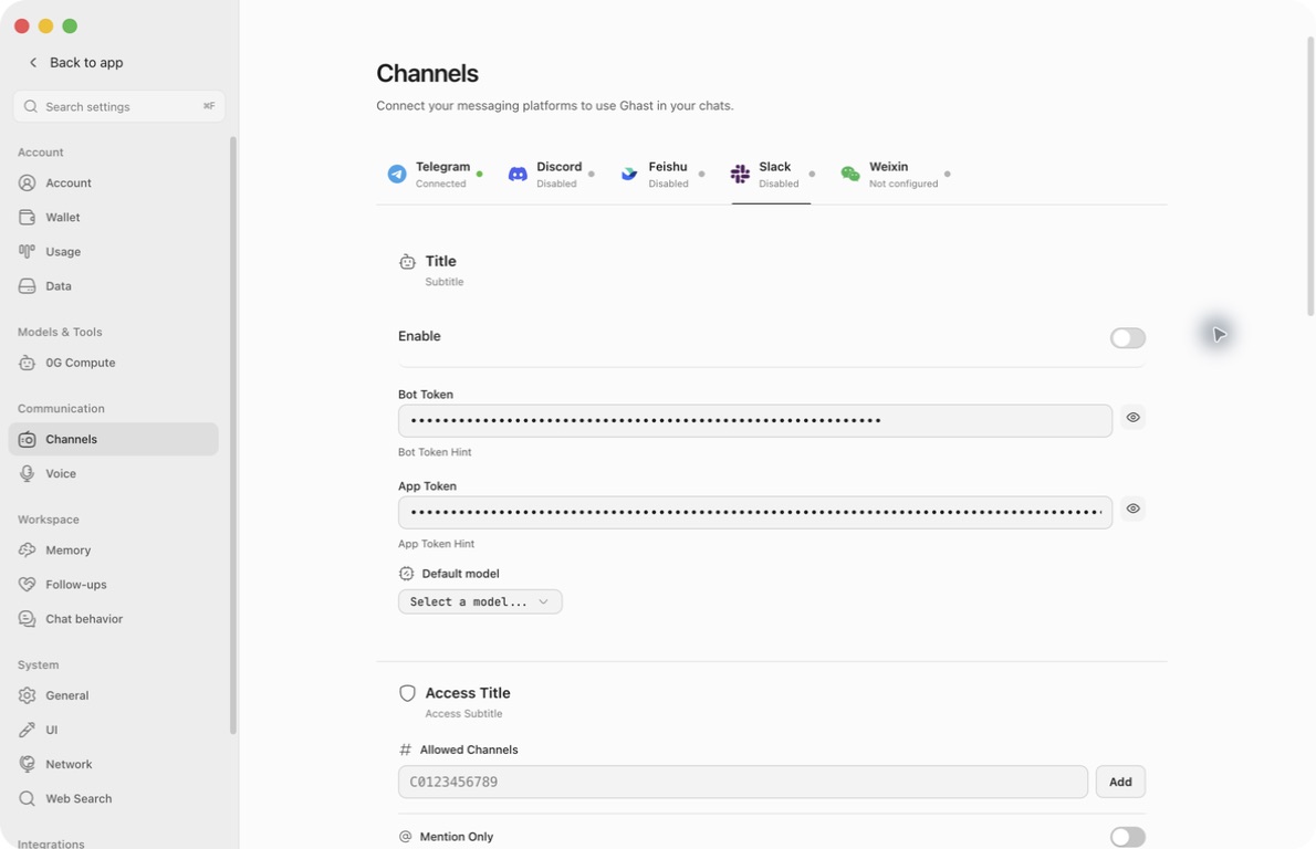 Real Ghast Slack settings with separate masked Bot Token and App Token fields, enable switch and default model
