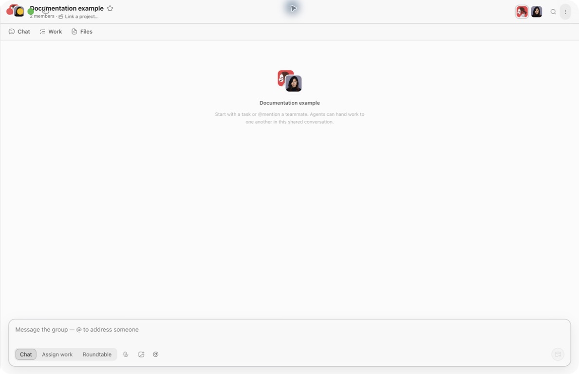 Chat, Work, Files, and composer modes in an empty Ghast Team group