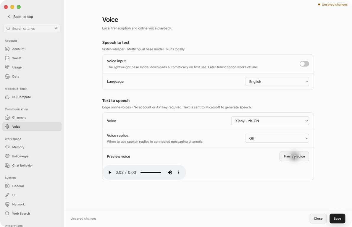 Real English voice preview with unsaved Xiaoyi selection, Voice replies Off, input off and a three-second sample player