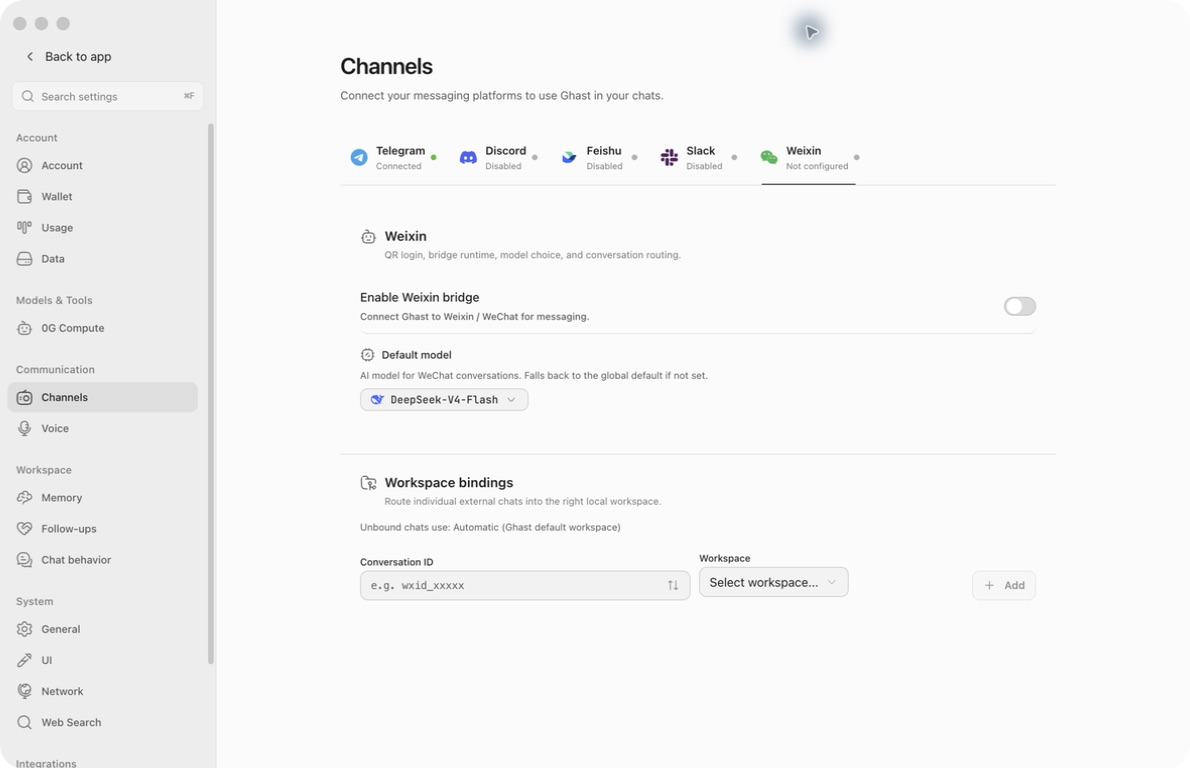 Actual English Weixin settings with bridge disabled, default model, conversation ID and workspace controls